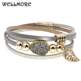 Bohemian Leather Beaded Wrap Bracelet with Leaf Stone
