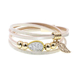 Bohemian Leather Beaded Wrap Bracelet with Leaf Stone