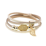 Bohemian Leather Beaded Wrap Bracelet with Leaf Stone