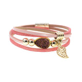 Bohemian Leather Beaded Wrap Bracelet with Leaf Stone