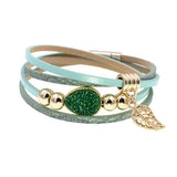 Bohemian Leather Beaded Wrap Bracelet with Leaf Stone