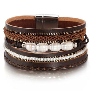 Vintage Rhinestone Leather Pearl Bracelet with Magnetcic Clasp