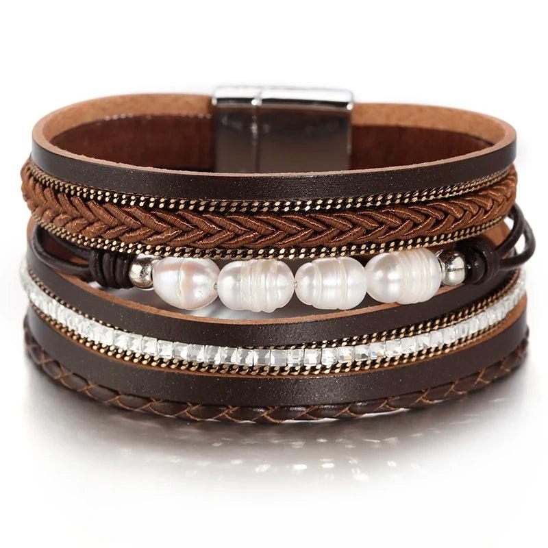 Vintage Rhinestone Leather Pearl Bracelet with Magnetcic Clasp