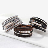 Vintage Rhinestone Leather Pearl Bracelet with Magnetcic Clasp