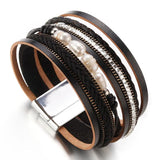 Vintage Rhinestone Leather Pearl Bracelet with Magnetcic Clasp