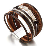 Vintage Rhinestone Leather Pearl Bracelet with Magnetcic Clasp