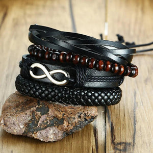 4pcs Men's Leather Wrap Bracelets Set Brown Bangles Punk Rock Accessory