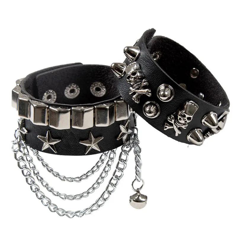 PU Leather Cuff Wristband Bracelet Goth Gothic Punk Tassel Chain Bracelets