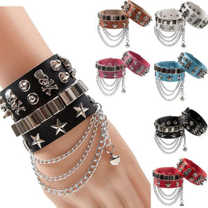PU Leather Cuff Wristband Bracelet Goth Gothic Punk Tassel Chain Bracelets