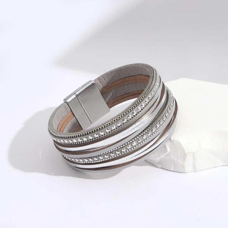 Boho Silver Charm Leather Bracelet for Women