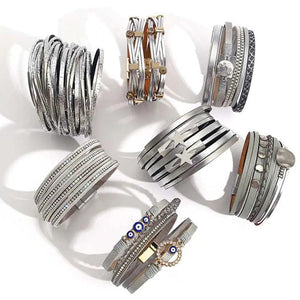 Boho Silver Charm Leather Bracelet for Women