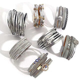 Boho Silver Charm Leather Bracelet for Women