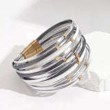 Boho Silver Charm Leather Bracelet for Women
