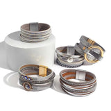Boho Silver Charm Leather Bracelet for Women