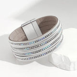 Boho Silver Charm Leather Bracelet for Women