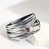 Boho Silver Charm Leather Bracelet for Women