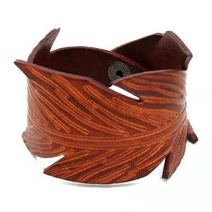 Vintage Leaf Shape Men's Leather Bracelets Brown Geometric Cuff Wrap Wristband