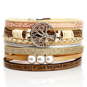 Brazilian PU Leather Pearl Beads Bracelet Tree Of Life Magnet Buckle