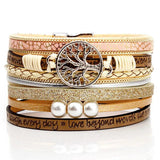 Brazilian PU Leather Pearl Beads Bracelet Tree Of Life Magnet Buckle