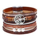 Brazilian PU Leather Pearl Beads Bracelet Tree Of Life Magnet Buckle