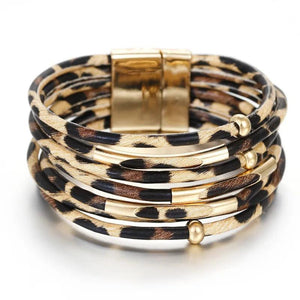 Leopard Leather Bracelet Metal Tube Ladies Wide Multilayer Wrap Bracelet