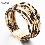 Leopard Leather Bracelet Metal Tube Ladies Wide Multilayer Wrap Bracelet