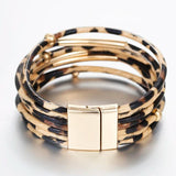 Leopard Leather Bracelet Metal Tube Ladies Wide Multilayer Wrap Bracelet