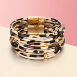 Leopard Leather Bracelet Metal Tube Ladies Wide Multilayer Wrap Bracelet