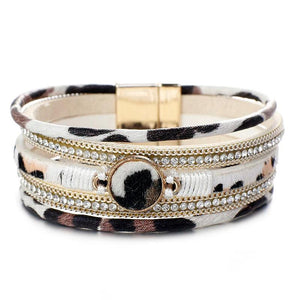 Leopard Leather Wrap Bracelet Boho Crystal Charm