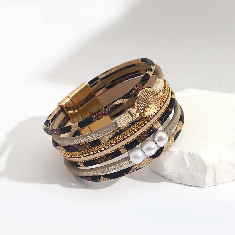 Leopard Leather Bracelets for Women Multilayer Wide Wrap Statement Jewelry