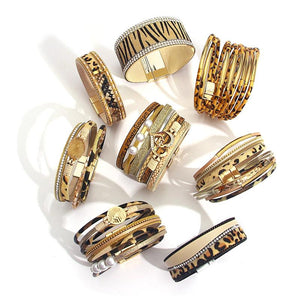 Leopard Leather Bracelets for Women Multilayer Wide Wrap Statement Jewelry