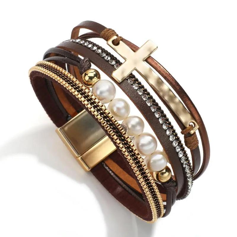 Baroque Pearls Cross Charm Leather Bracelets for Women