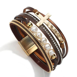 Baroque Pearls Cross Charm Leather Bracelets for Women