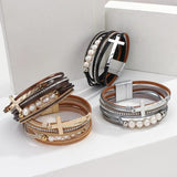 Baroque Pearls Cross Charm Leather Bracelets for Women