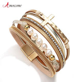 Baroque Pearls Cross Charm Leather Bracelets for Women