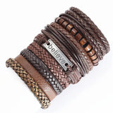 Yellow Brown Leather Weave Feather Bracelets Set