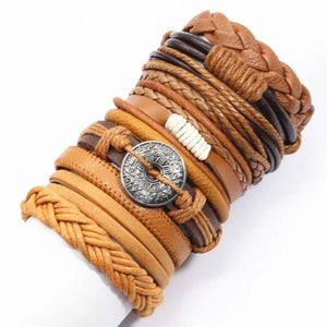Yellow Brown Leather Weave Feather Bracelets Set
