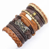 Yellow Brown Leather Weave Feather Bracelets Set