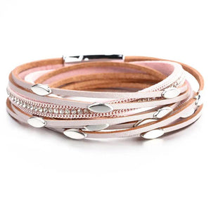 Leaf Charm Leather Bracelet for Women Boho Rhinestone Wrap