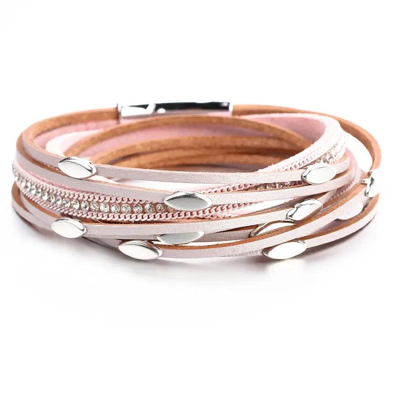 Leaf Charm Leather Bracelet for Women Boho Rhinestone Wrap