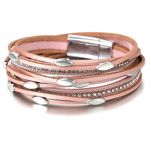 Leaf Charm Leather Bracelet for Women Boho Rhinestone Wrap