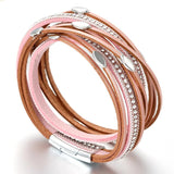 Leaf Charm Leather Bracelet for Women Boho Rhinestone Wrap