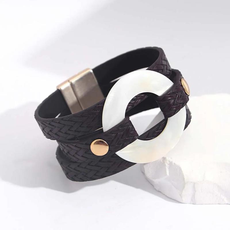 Geometric Metal Charm Brown Leather Bracelet Multilayer Wrap