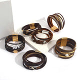 Geometric Metal Charm Brown Leather Bracelet Multilayer Wrap