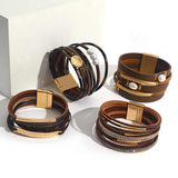 Geometric Metal Charm Brown Leather Bracelet Multilayer Wrap