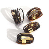 Geometric Metal Charm Brown Leather Bracelet Multilayer Wrap