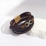 Geometric Metal Charm Brown Leather Bracelet Multilayer Wrap