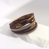 Geometric Metal Charm Brown Leather Bracelet Multilayer Wrap