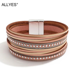 Multilayer Slim Strips Rivet Leather Bracelets for Women Boho Wide Wrap Bracelet
