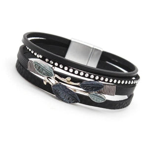 Metal Leaf Charm Leather Bracelet Wide Wrap Female Party Jewelry